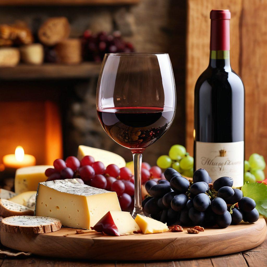 An elegant wine glass filled with deep red wine, surrounded by an array of gourmet cheese, fruits, and a rustic wooden cheese board. Soft candlelight flickering in the background, with vine leaves scattered around, creating a cozy and sophisticated atmosphere for wine tasting. A soft-focus backdrop featuring a vineyard landscape enhances the scene. super-realistic. warm colors. intimate setting.
