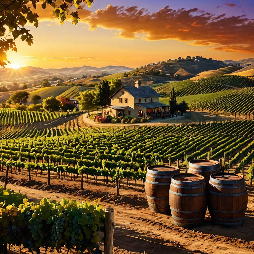 A picturesque vineyard landscape with rows of grapevines under a golden sunset. Include a rustic winery in the foreground showcasing barrels and wine bottles, and a skilled winemaker working diligently. Add clusters of ripe grapes hanging on the vines and a scenic rolling hill backdrop to reflect the essence of craftsmanship. super-realistic. vibrant colors. warm tones.