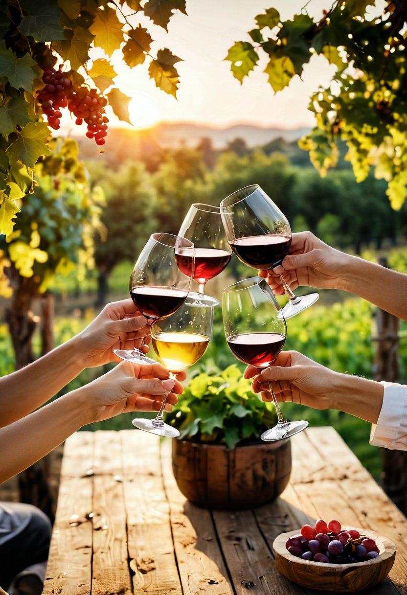 An elegant wine tasting scene showcasing a diverse group of people clinking wine glasses filled with various shades of red and white wine, amidst a lush vineyard in the background. Delicate wine bottles are artfully arranged on a rustic wooden table adorned with grapevines and festive decorations. A warm sunset casts a golden glow, enhancing the celebration atmosphere. A cheerful ambiance filled with laughter and exquisite culinary pairings. super-realistic. vibrant colors. soft bokeh effect.
